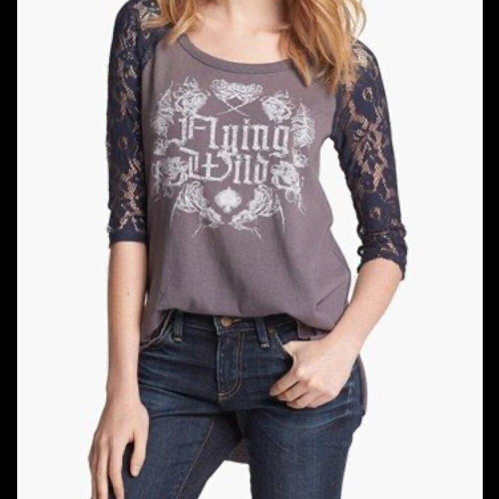 We The Free by Free People Flying Wild Lace Sleeve Graphic Tunic Top Women’s XS